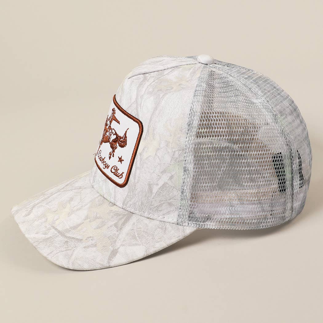 "Cowboys Club" Cowboy & Horse Embroidered Patch Mesh Cap — Wild West Charm with Adjustable Snapback