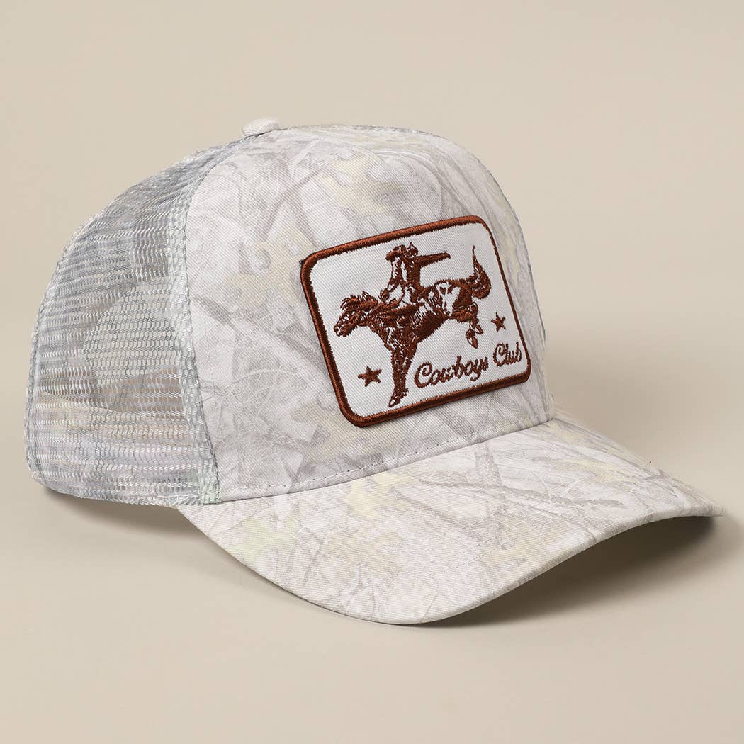 "Cowboys Club" Cowboy & Horse Embroidered Patch Mesh Cap — Wild West Charm with Adjustable Snapback