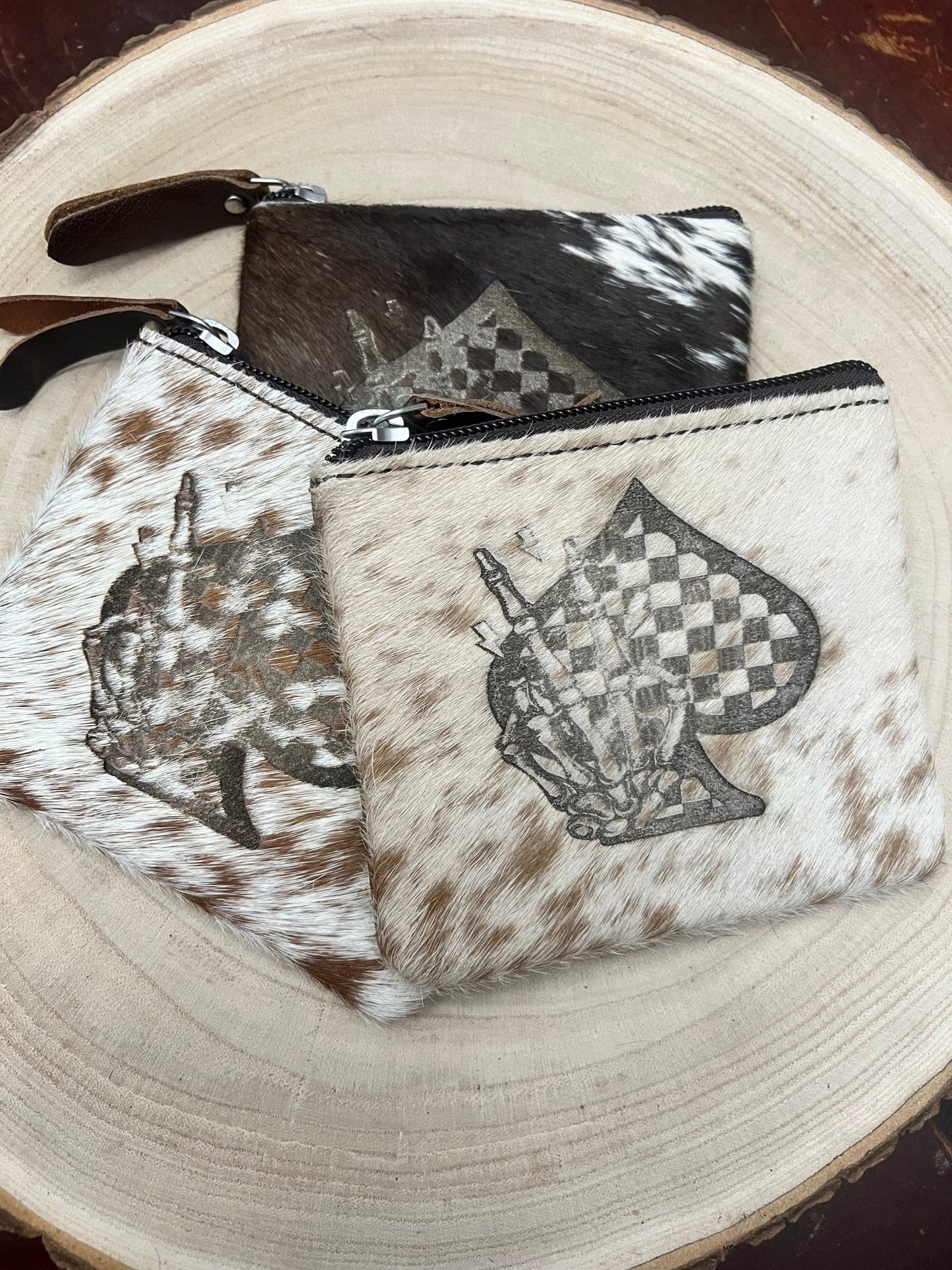 Western Cowhide Coin & Card Purse — Ace of Spades + Skull Hand Western Theme (5" x 3")
