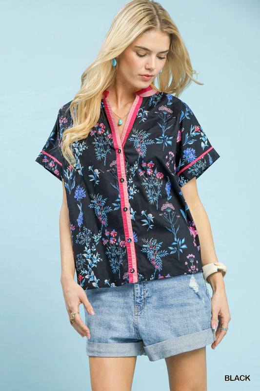Umgee Botanical Floral Button Front Top