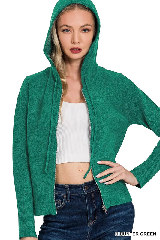 Zenana Drawstring Zip Up Hooded Cardigan
