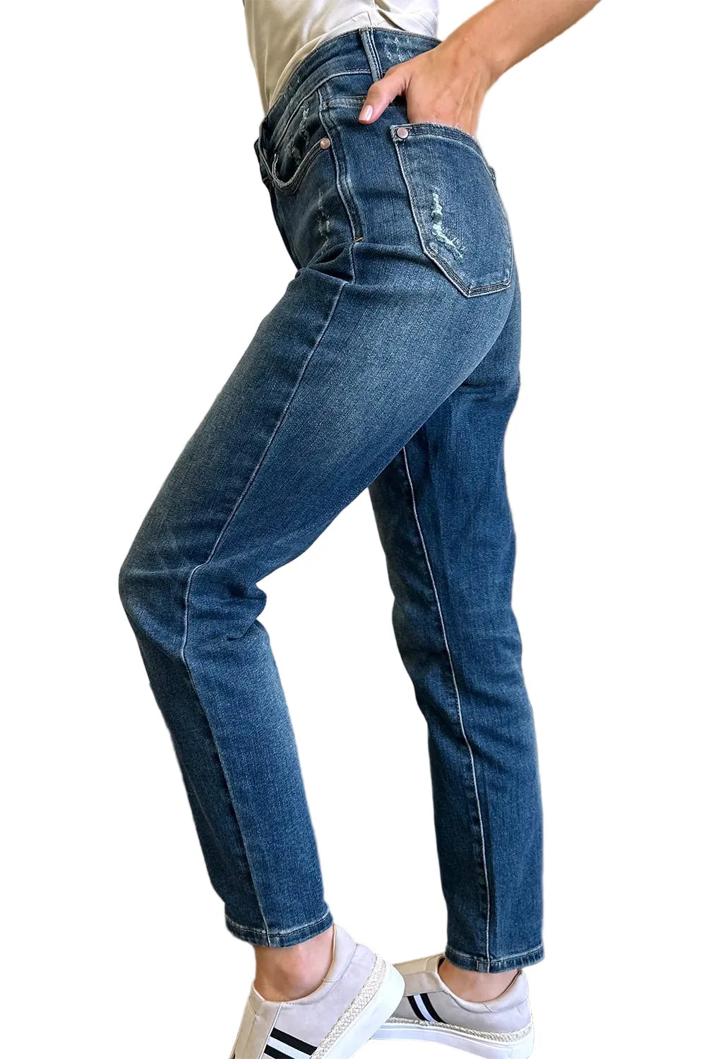 Womens Plus Size High-Waisted Skinny Jeans in Medium Blue Denim with Full Length, Button and Zipper