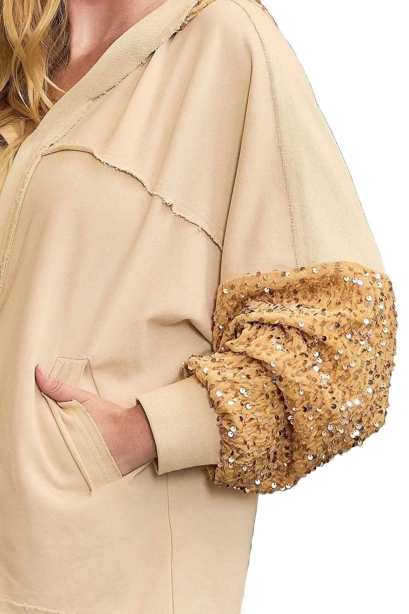 Garden Naked Womens Casual Bomber Jacket Sequin Embellished Hooded Cardigan Sparkly Beige Evening Party