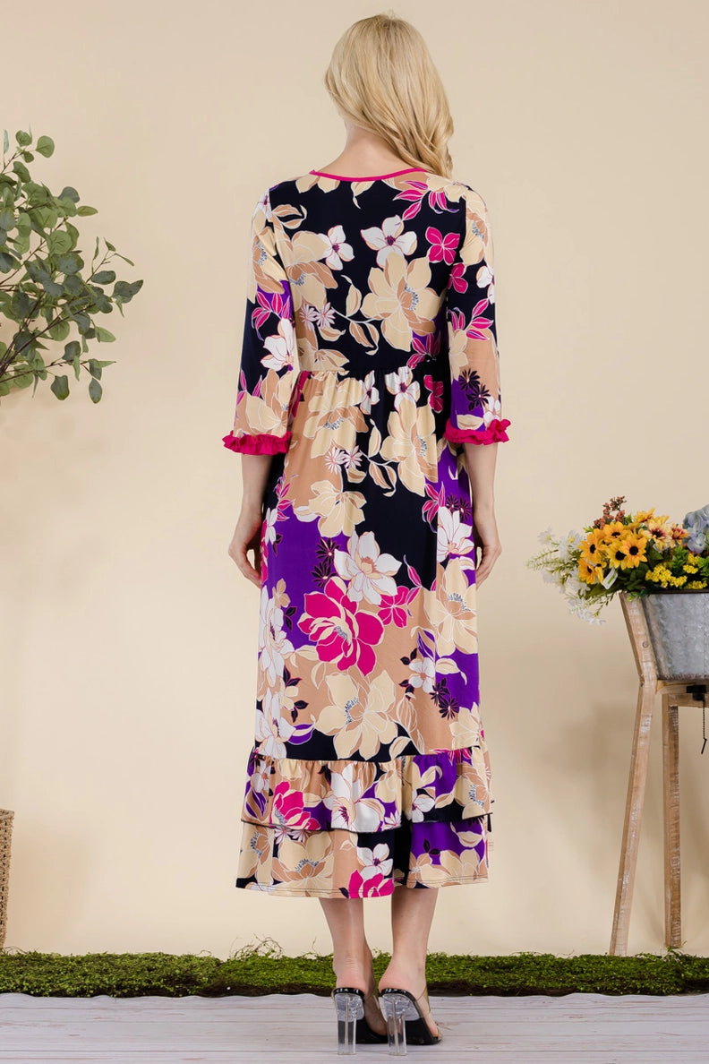 C1 Celest Floral Ruffle Midi-Dress with 3/4 Sleeves Plus Size