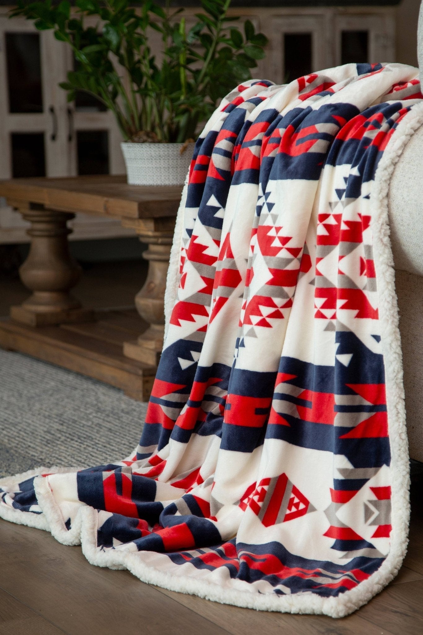 Dances With Red Aztec Plush Sherpa Throw Blanket — 54" × 68"