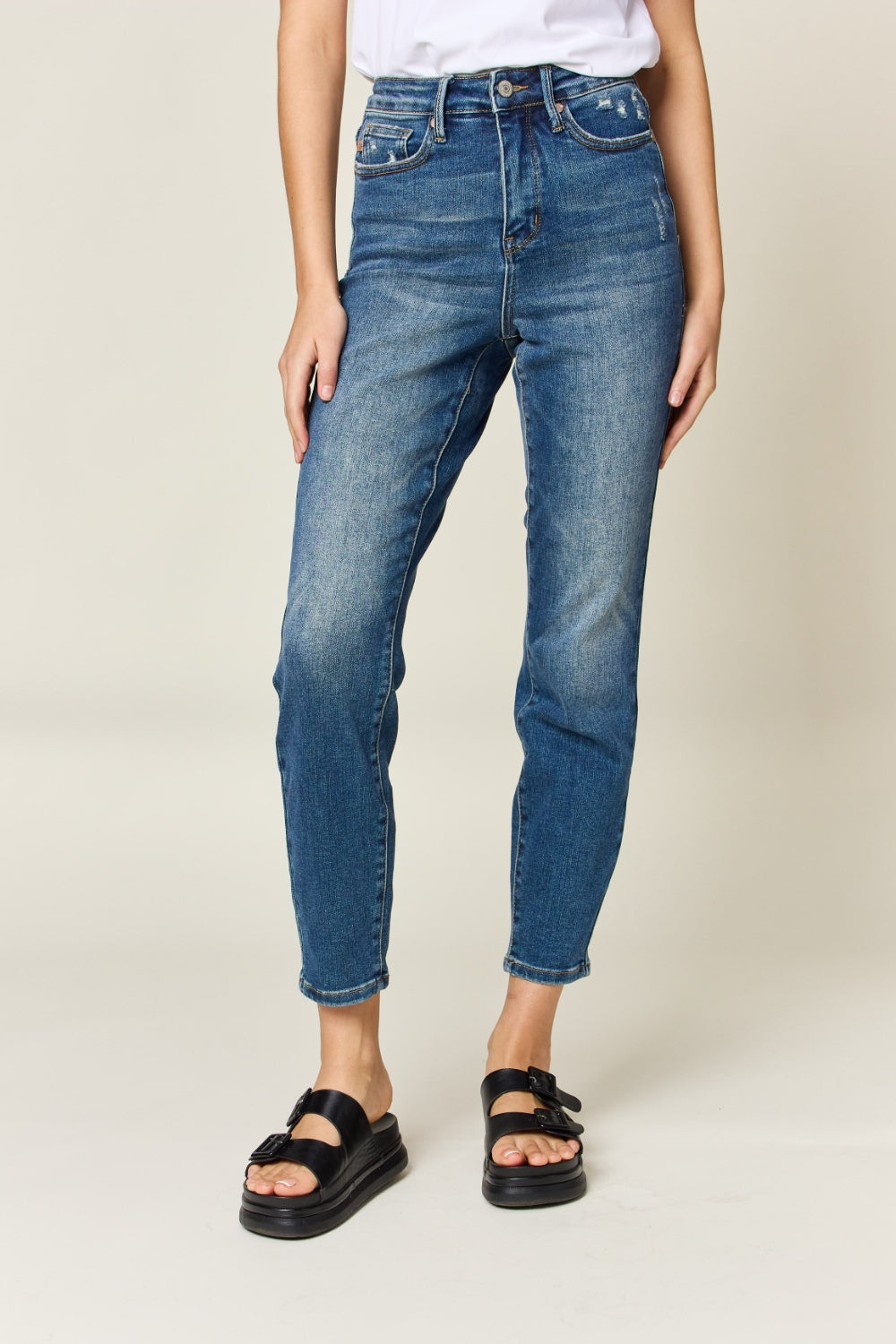 Womens Plus Size High-Waisted Skinny Jeans in Medium Blue Denim with Full Length, Button and Zipper