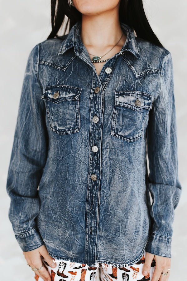 LUCKY & BLESSED Vintage Blue Washed Western Denim Shirt — Concho Button Tencel Cowgirl Statement