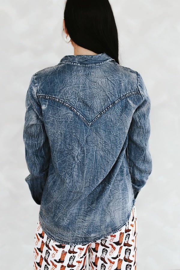 LUCKY & BLESSED Vintage Blue Washed Western Denim Shirt — Concho Button Tencel Cowgirl Statement