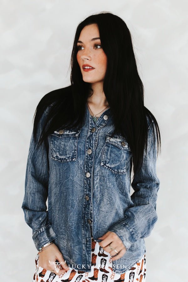 LUCKY & BLESSED Vintage Blue Washed Western Denim Shirt — Concho Button Tencel Cowgirl Statement