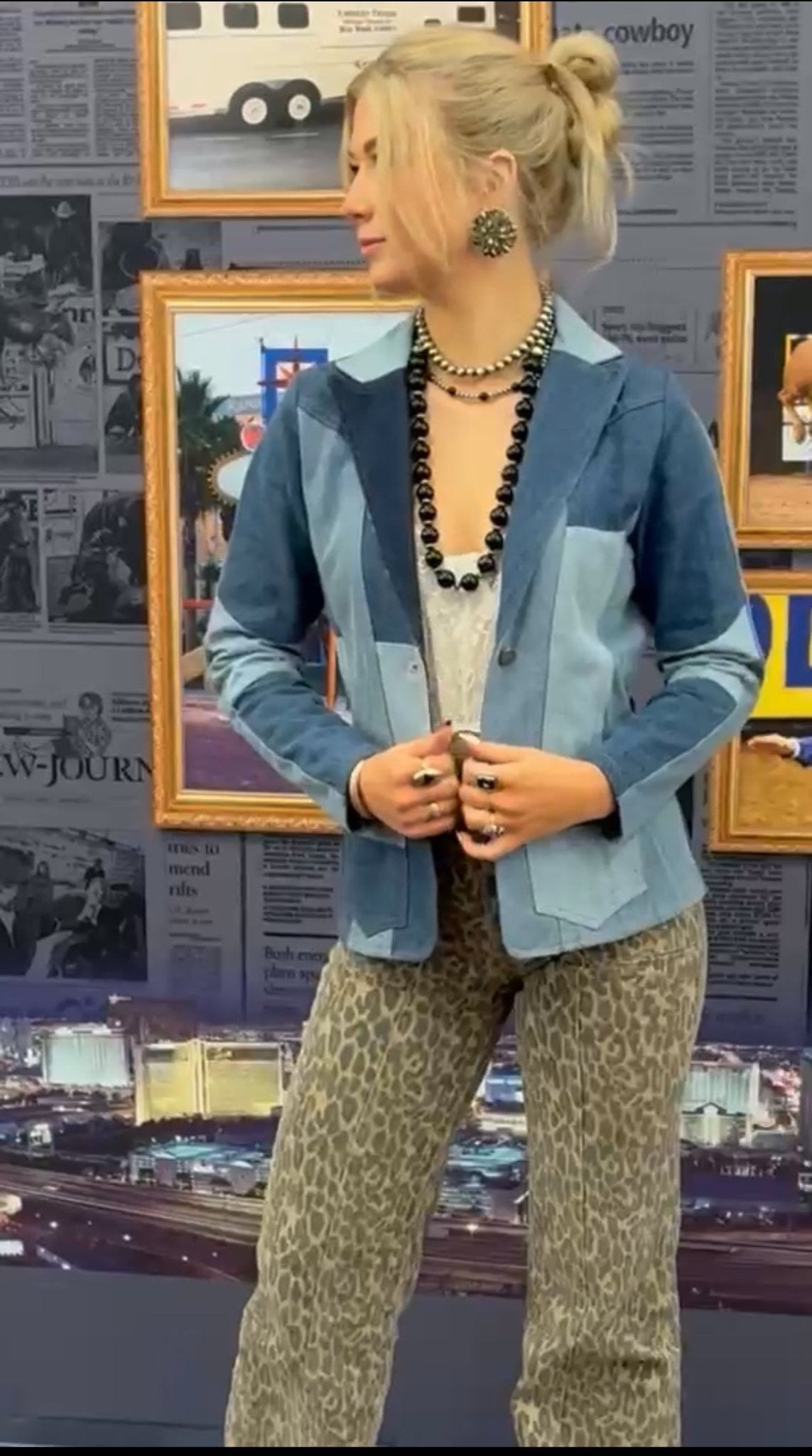 LUCKY & BLESSED "The Outlaw" Multi-Denim Patchwork Western Blazer — Tailored Silhouette with Functional Pockets