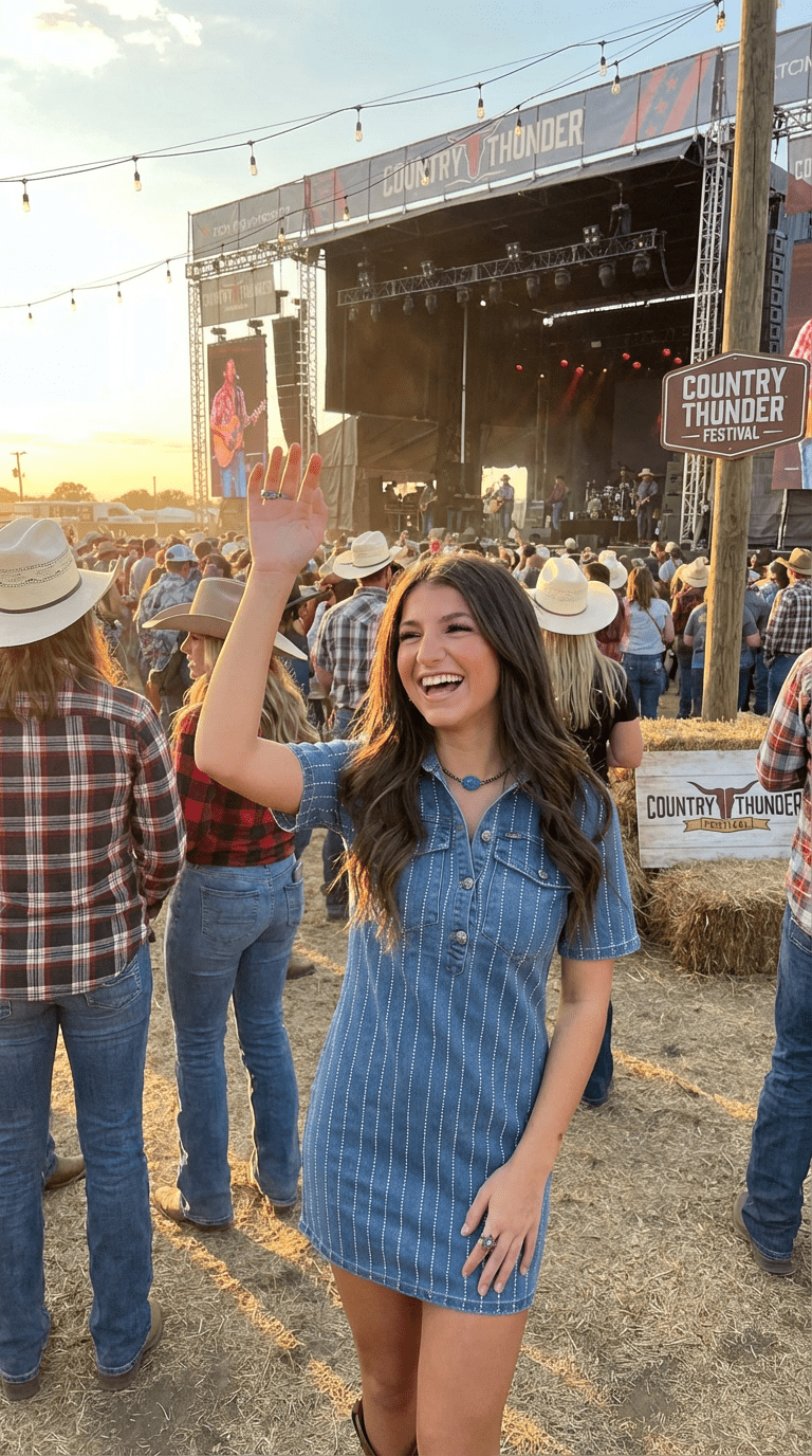 LUCKY & BLESSED Light Wash Denim Rhinestone Striped Western Mini Dress — Stretch Denim with Shimmering Pinstripes