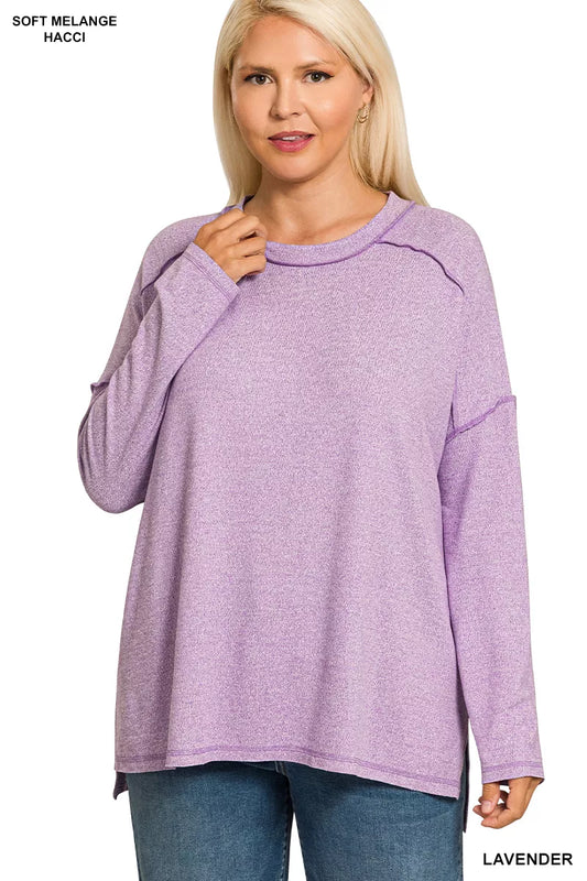 Zenana Full Size Melange Hacci Exposed Seam Hi-low Tee Plus Size