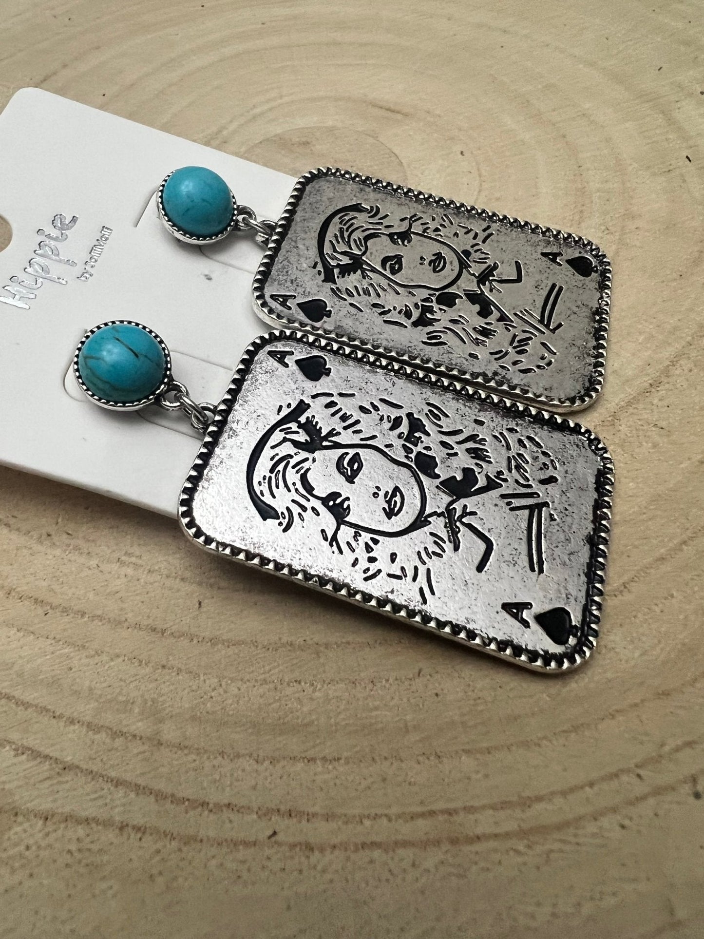 Dolly Card Theme Western Dangle Earrings with Faux Turquoise Stone — 2½" Drop