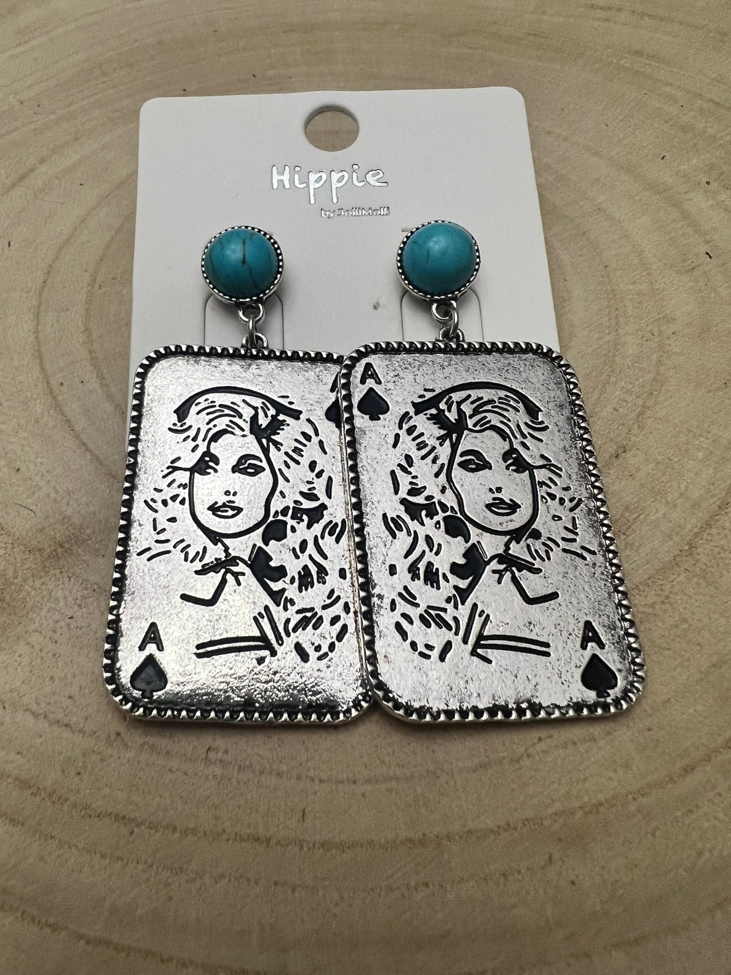 Dolly Card Theme Western Dangle Earrings with Faux Turquoise Stone — 2½" Drop