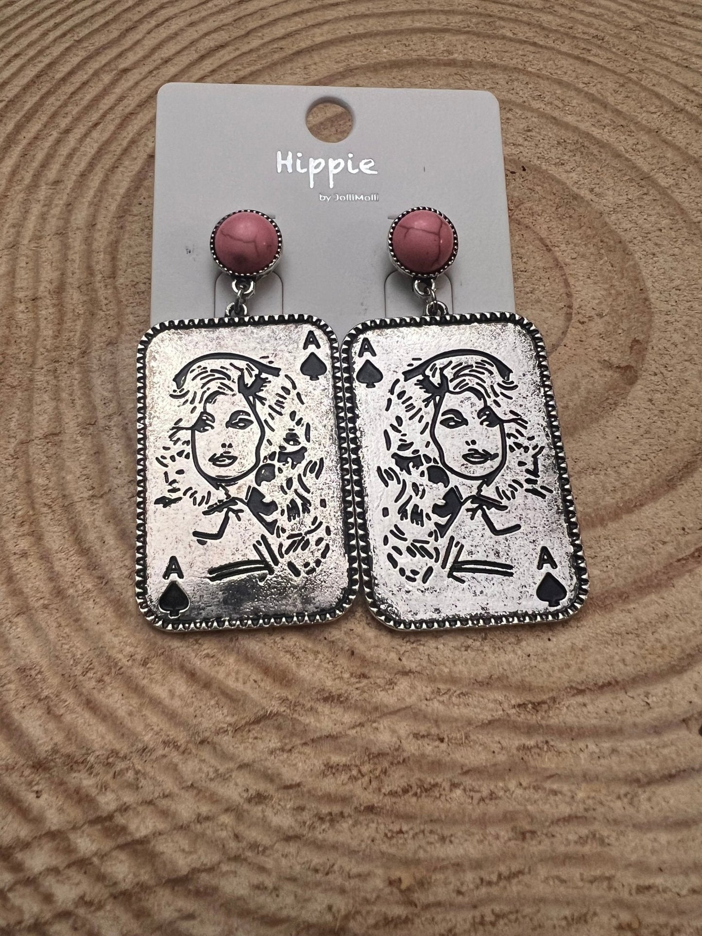 Dolly Card Theme Western Dangle Earrings with Pink Stone — 2½" Drop