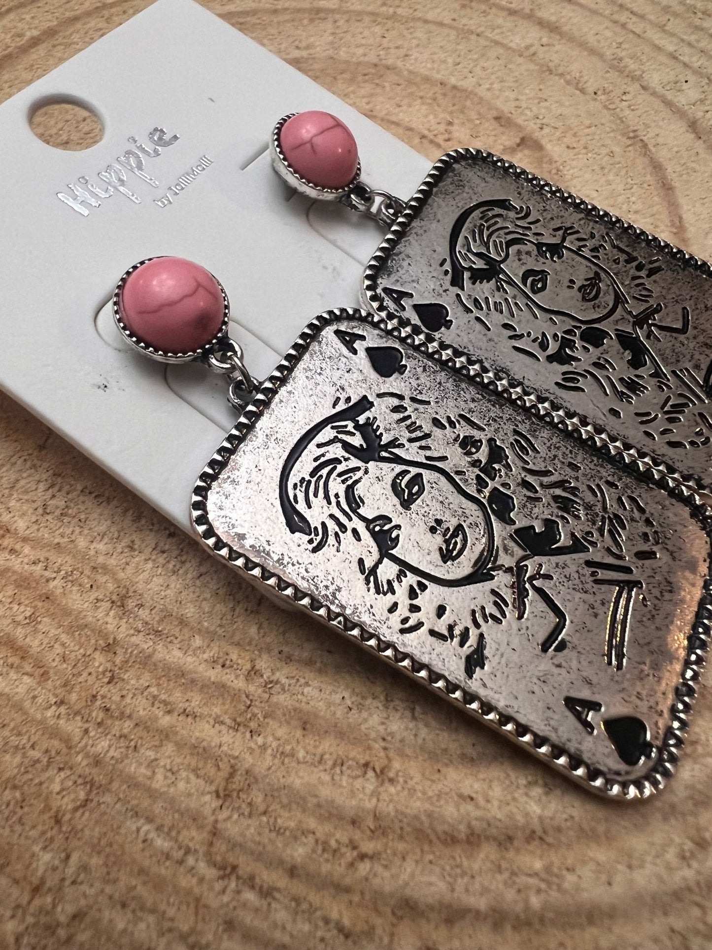 Dolly Card Theme Western Dangle Earrings with Pink Stone — 2½" Drop