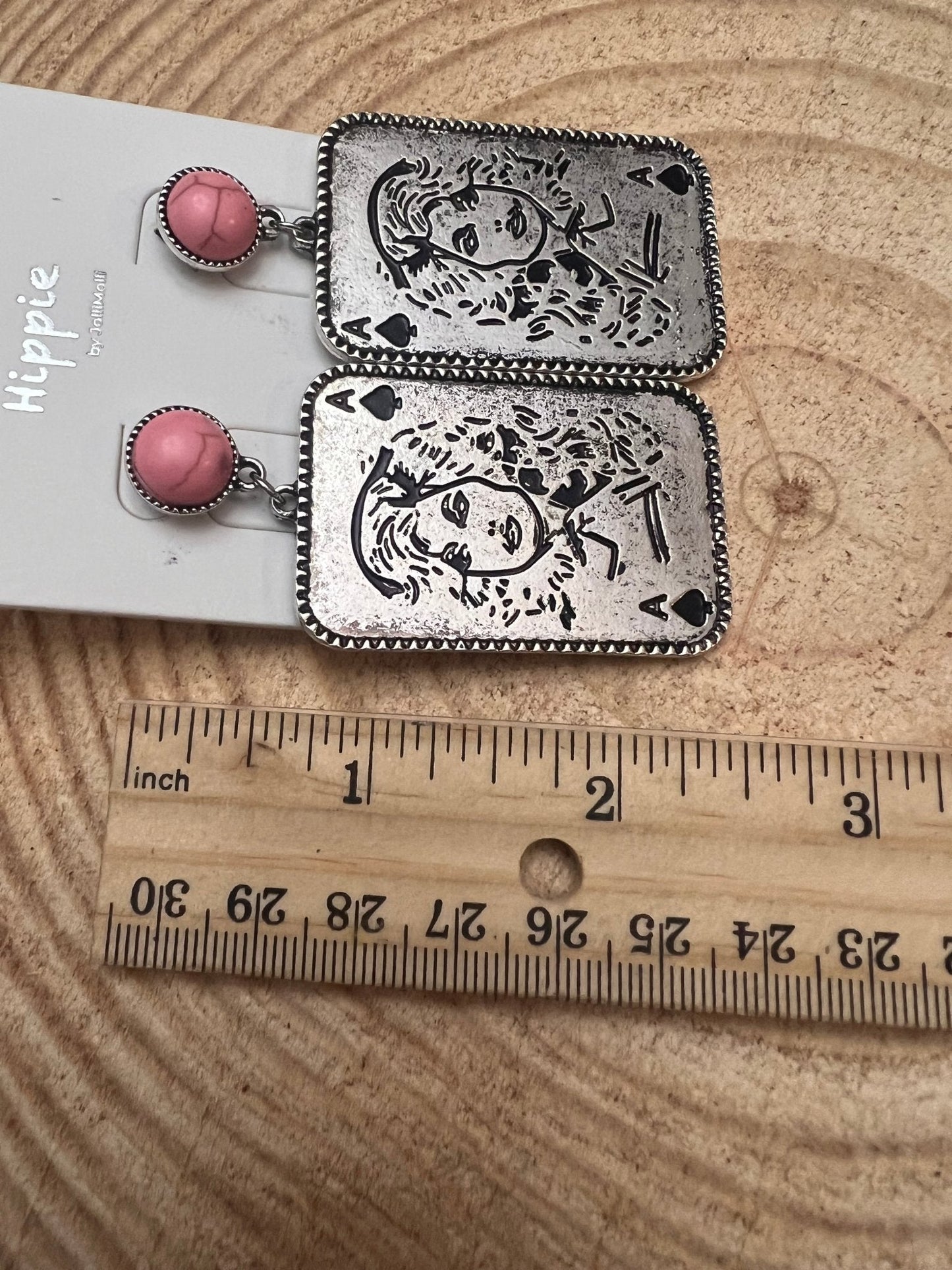 Dolly Card Theme Western Dangle Earrings with Pink Stone — 2½" Drop