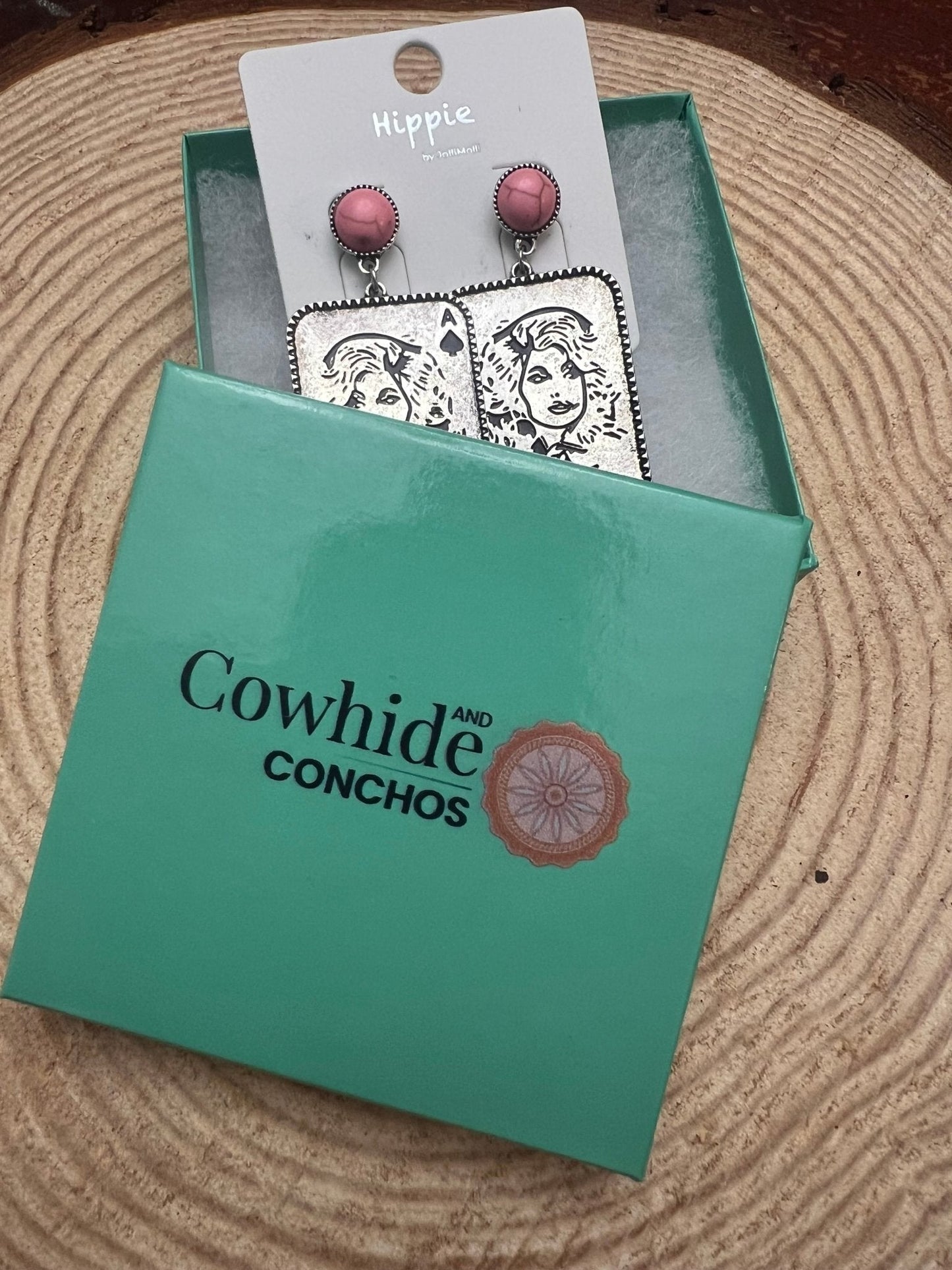 Dolly Card Theme Western Dangle Earrings with Pink Stone — 2½" Drop
