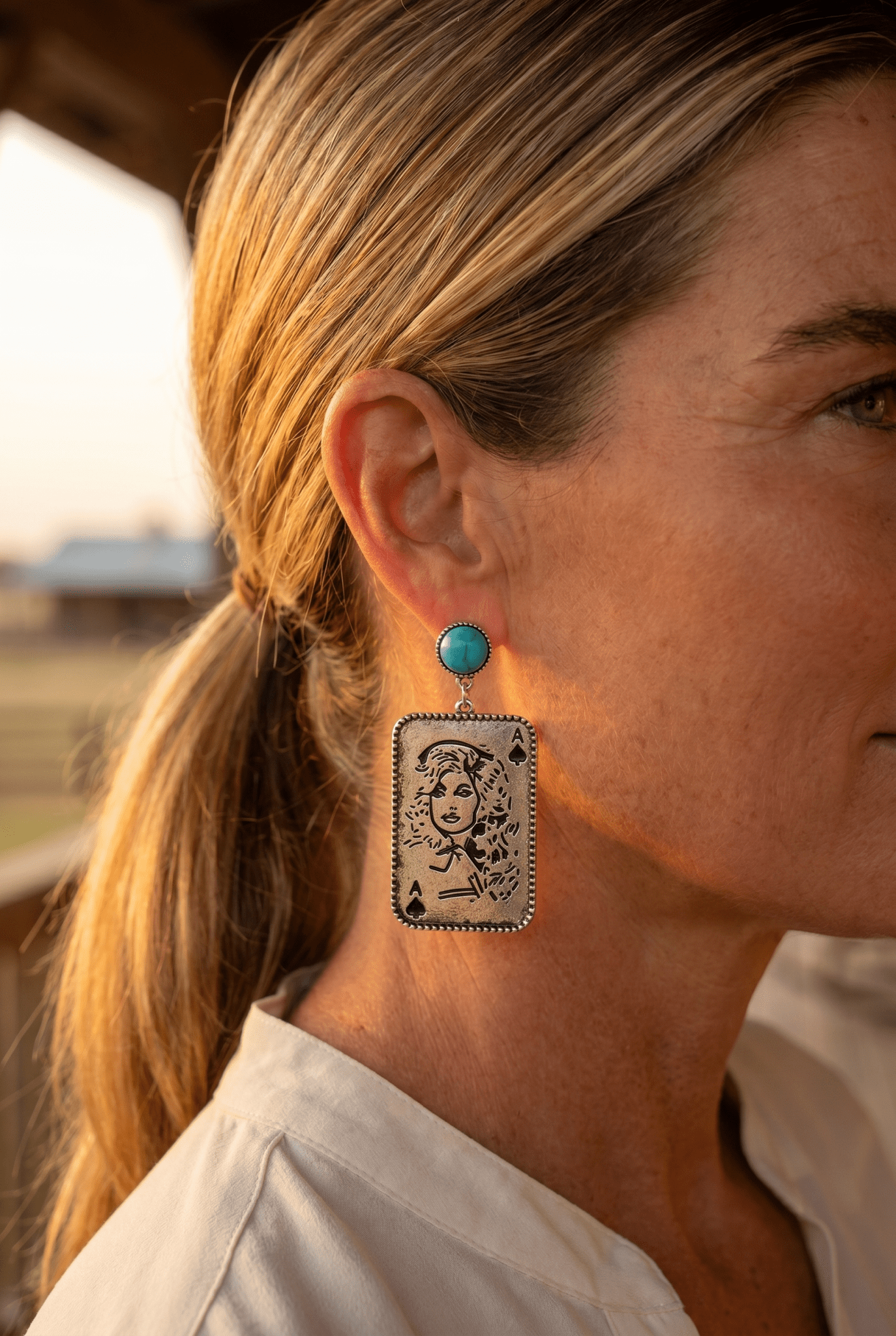Dolly Card Theme Western Dangle Earrings with Faux Turquoise Stone — 2½" Drop