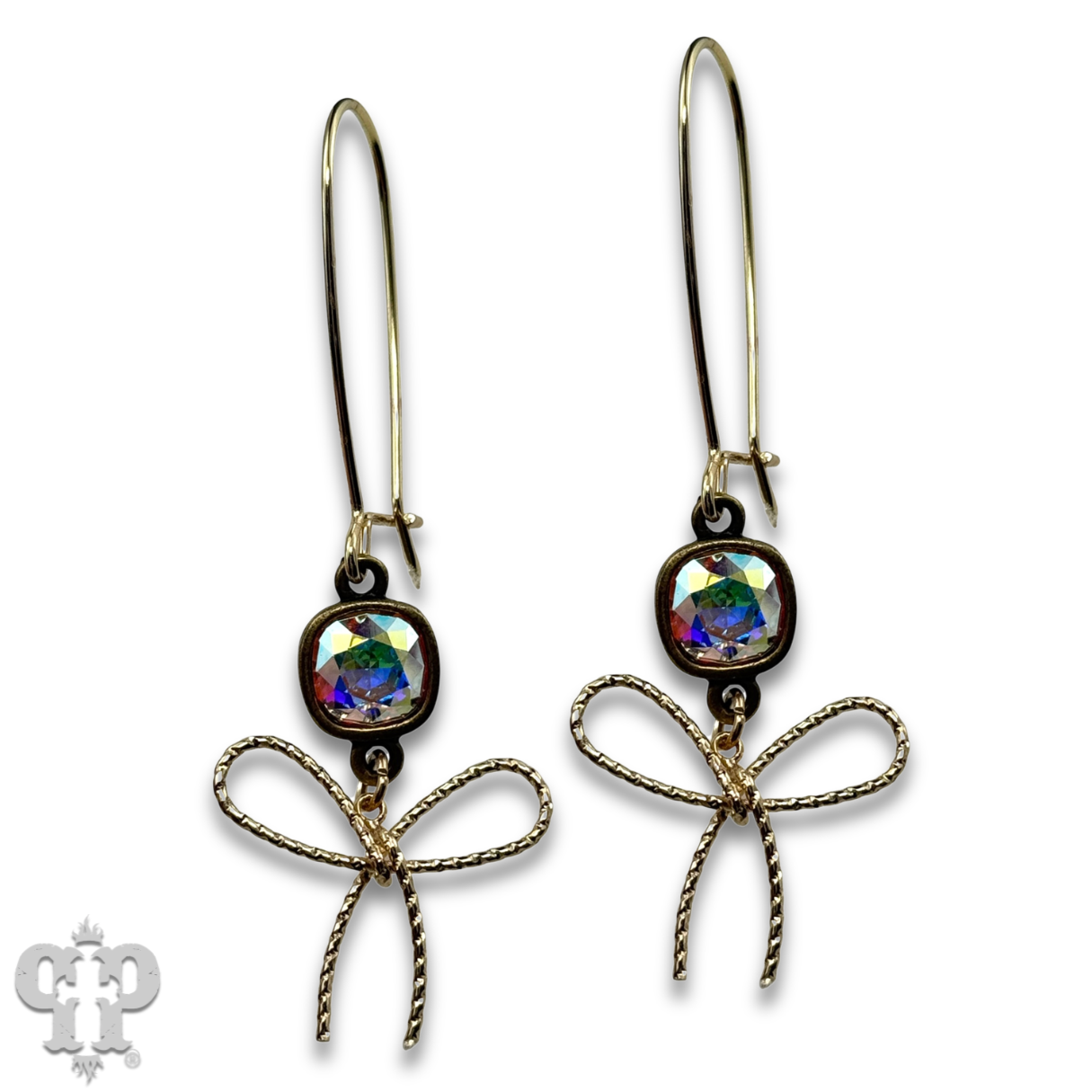 Textured bow earring, Austrian crystal - LC