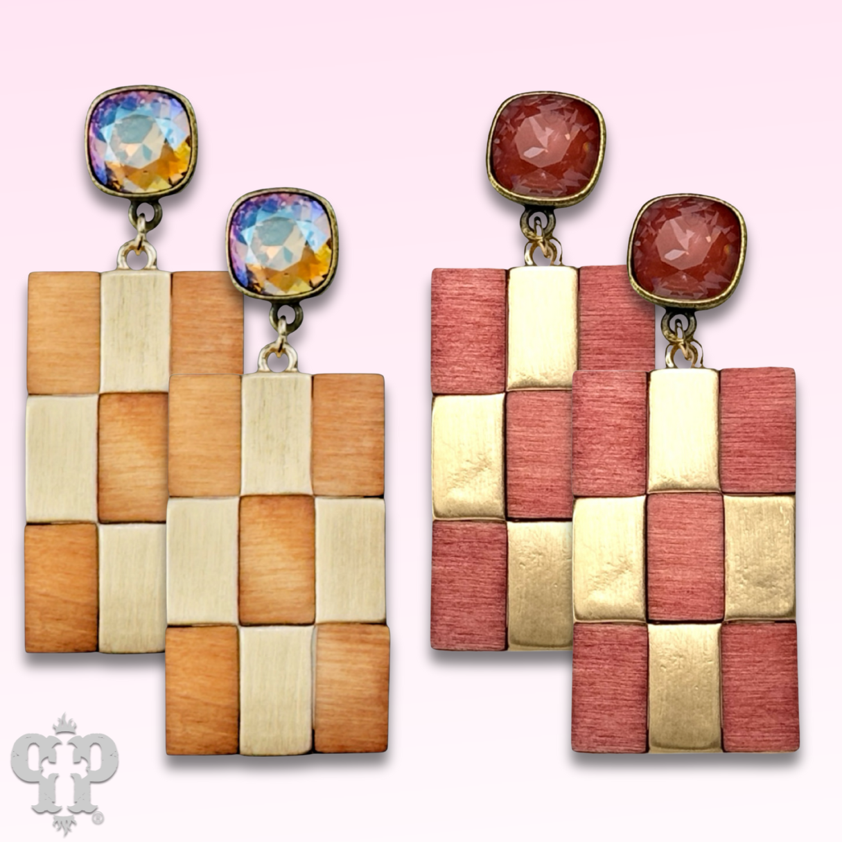 Checkerboard pattern dangle earring with Austrian crystal - LC