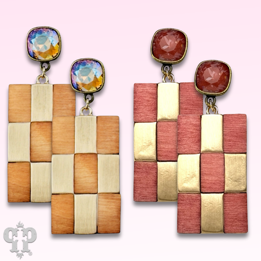 Checkerboard pattern dangle earring with Austrian crystal - LC