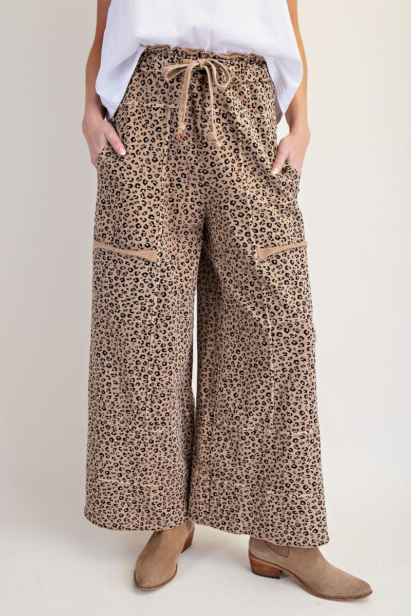 E14 Camel Leopard Terry Knit Wide Leg Pants