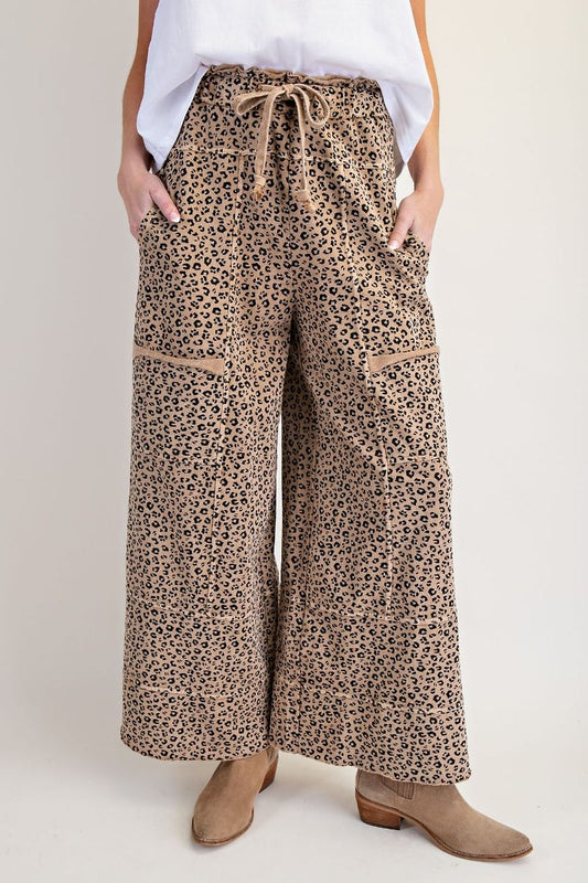 E14 Camel Leopard Terry Knit Wide Leg Pants