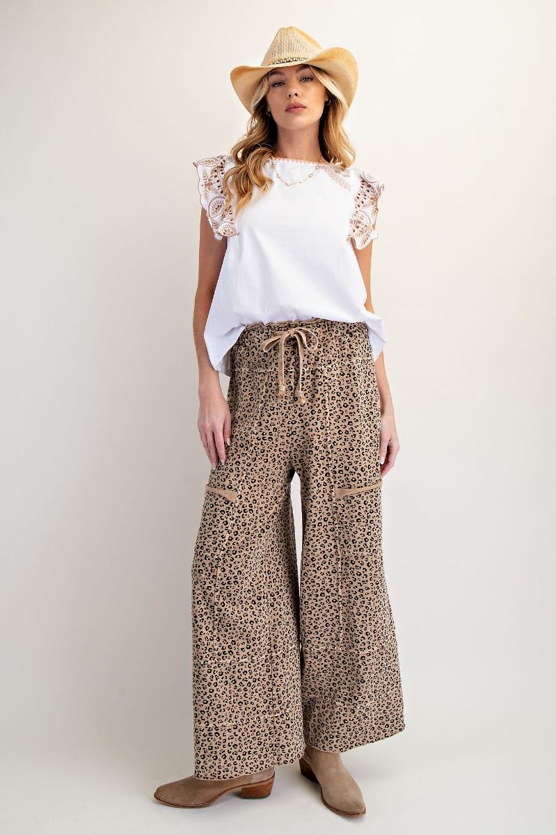 E14 Camel Leopard Terry Knit Wide Leg Pants