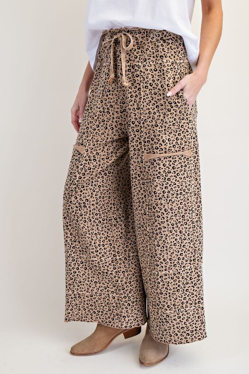 E14 Camel Leopard Terry Knit Wide Leg Pants