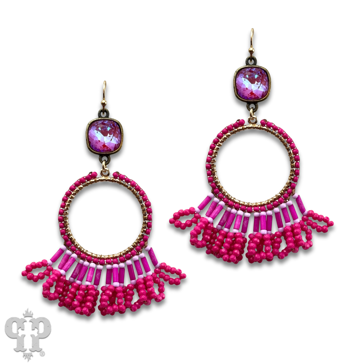 Faceted bead fringe and Austrian crystal dangle earring - LC
