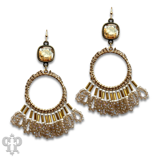 Faceted bead fringe and Austrian crystal dangle earring - LC
