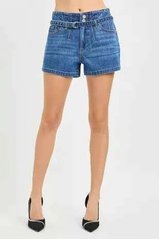Dark Wash Slouchy Denim Shorts with Belt by Risen