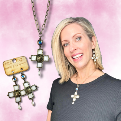 Iridescent pearl cross and coin earring, Austrian crystal