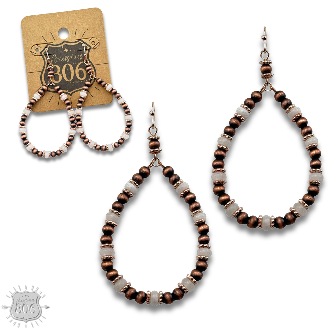 Copper and stone bead teardrop earring - LC