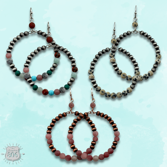 Burnished bead and stone circle earring - LC