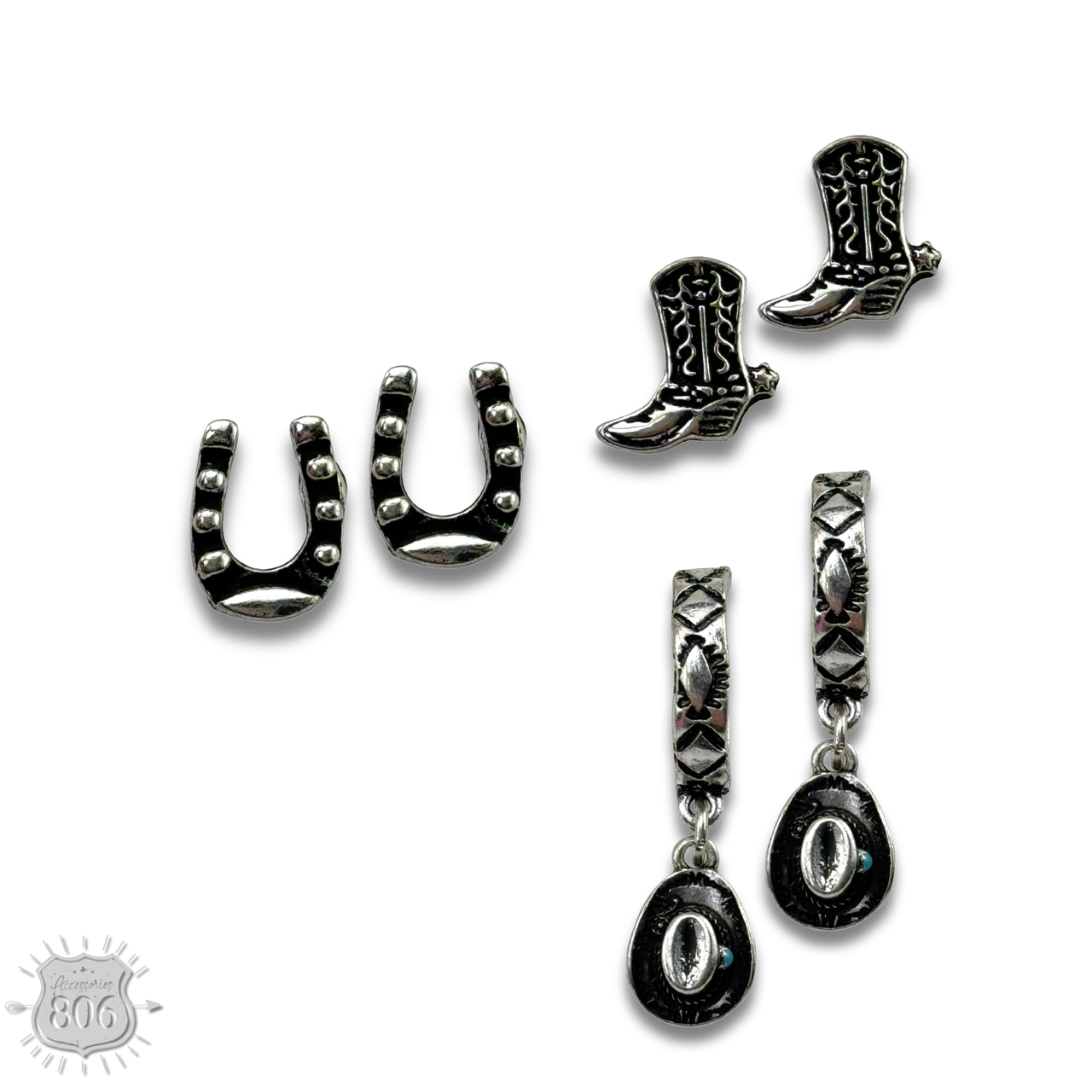 Western silver charm and post earring set - LC