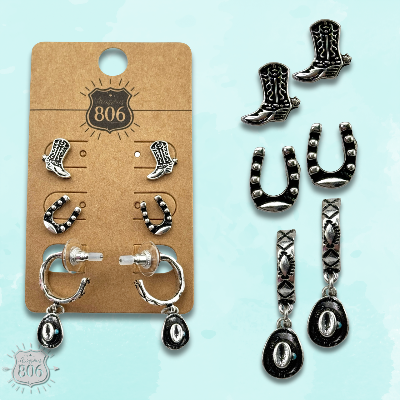 Western silver charm and post earring set - LC