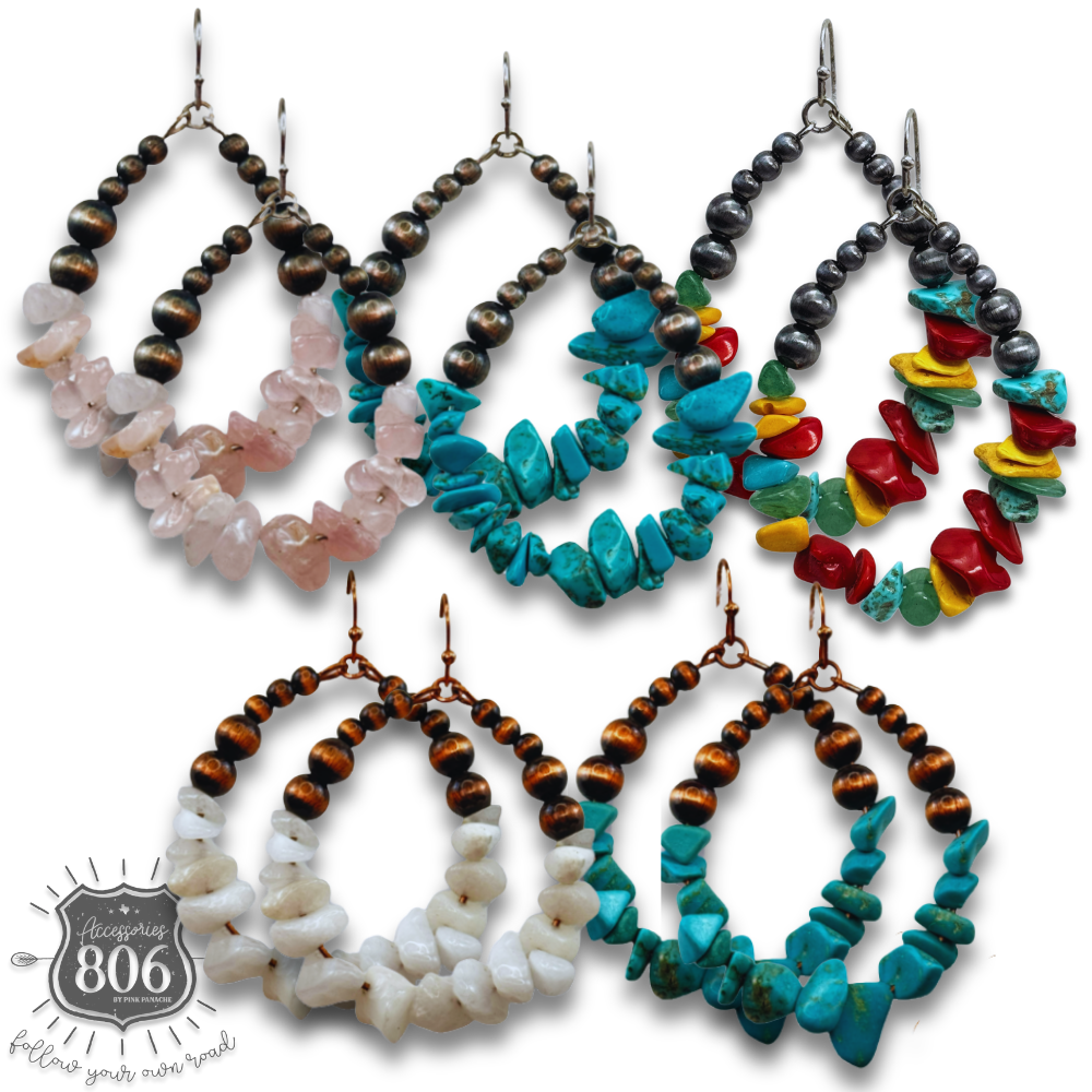 Western bead and stone chip teardrop earring - LC