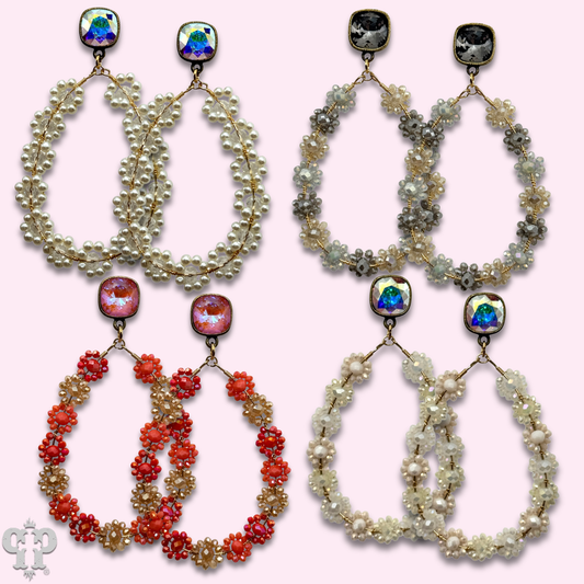 Bead woven flower teardrop earring, Austrian crystal - LC