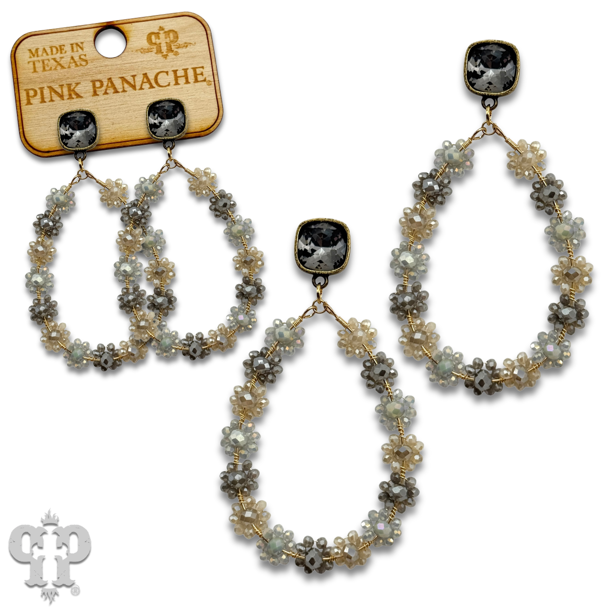 Bead woven flower teardrop earring, Austrian crystal - LC