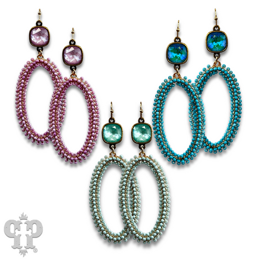 Seed bead wrapped oval shape earring with Austrian crystal