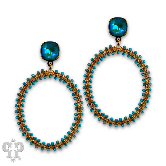 Seed bead wrapped oval earring with Austrian crystal