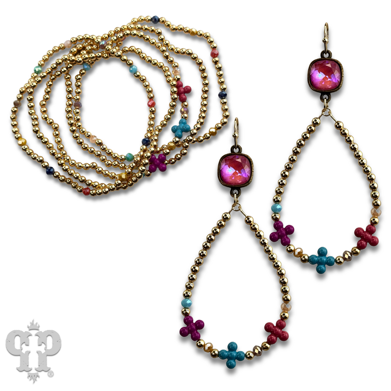 Multi-color cross and gold bead bracelet