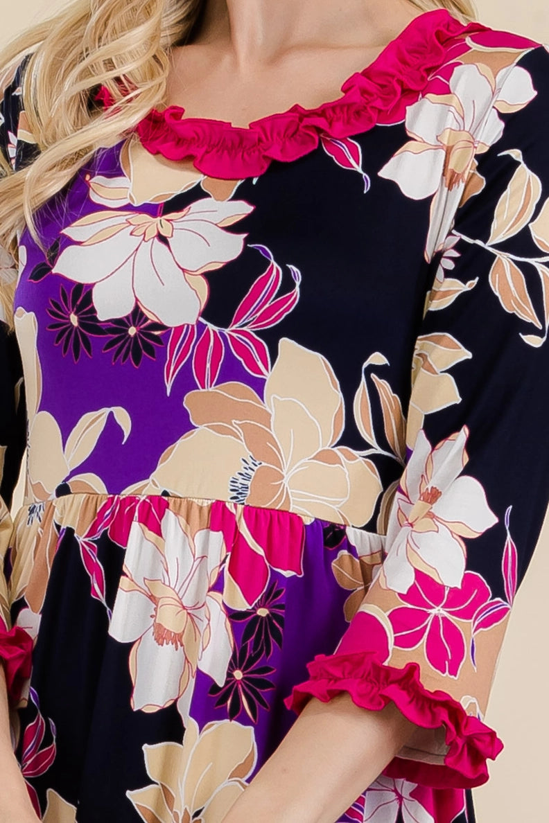 C1 Celest Floral Ruffle Midi-Dress with 3/4 Sleeves Plus Size