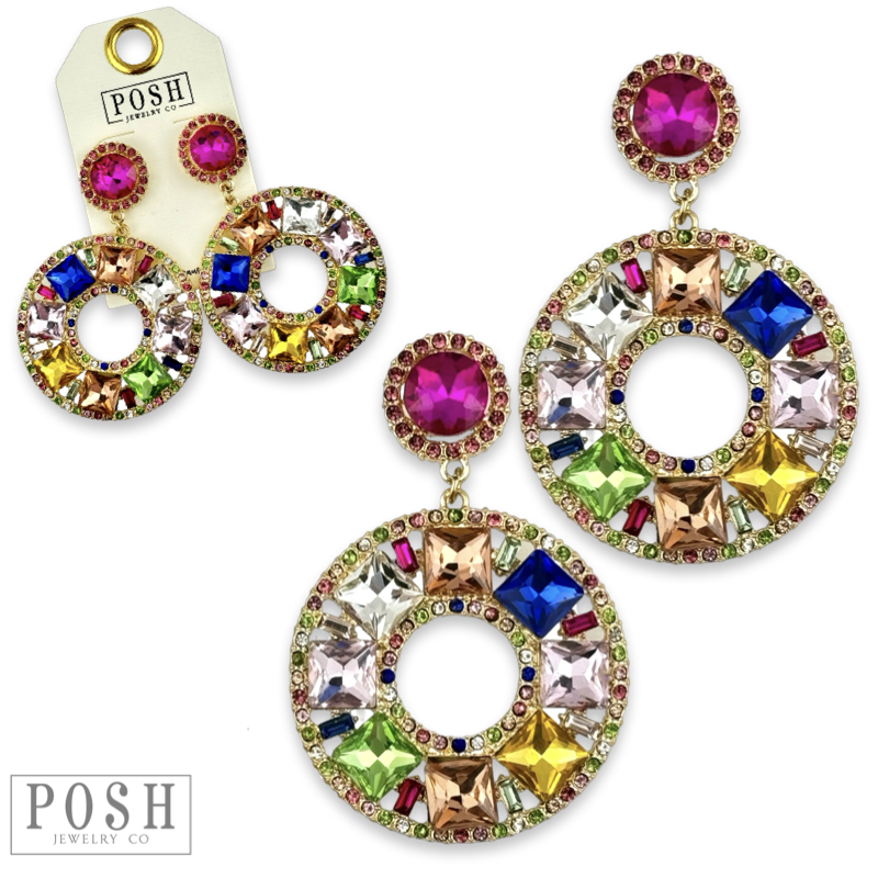 Rhinestone circle dangle earring on rhinestone post
