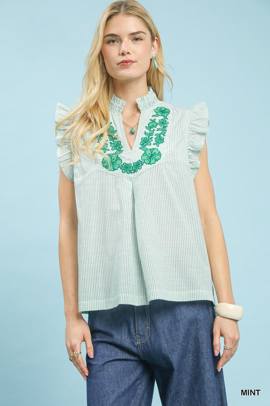 Umgee Embroidered Ruffle Sleeve Popover Top