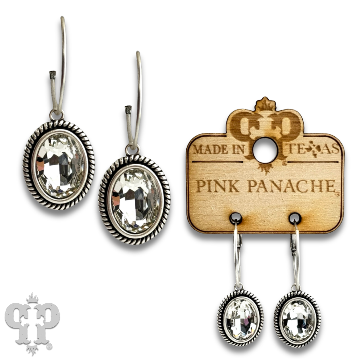 Medium oval rhinestone drop on small hoop earring