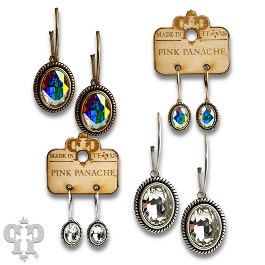 Medium oval rhinestone drop on small hoop earring