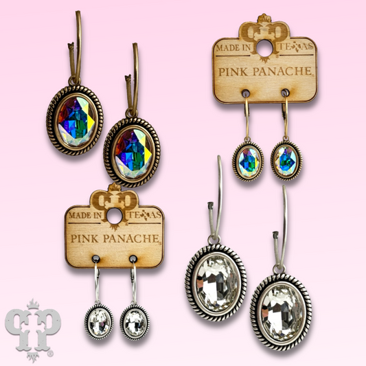 Medium oval rhinestone drop on small hoop earring